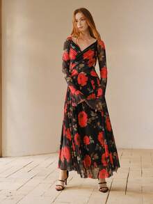 MOTF PREMIUM SPRING/SUMMER FASHION V-NECK PLEATED RUFFLE HEM PUFF SLEEVE WAIST CINCHED PRINTED DRESS FOR WOMEN - Black - View 5