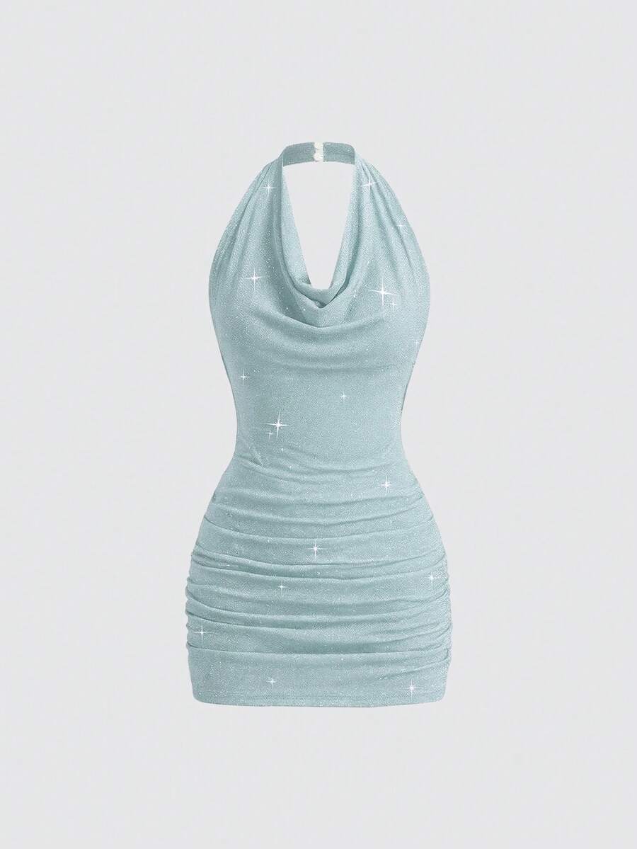 SHEIN PETITE Women's Short Turtleneck Backless Sequin Knit Bodycon Party Mini Dress - Baby Blue - View 1