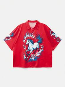 SWAVVY Áo sơ mi đỏ in hình ngựa phương Đông, áo tay ngắn phong cách đường phố cá tính, họa tiết ngựa lửa xanh nổi bật, áo sơ mi cài nút thoải mái, phù hợp với giới trẻ sành điệu và những người yêu thích văn hóa châu Á. - Đỏ - Xem 2
