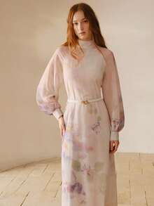 MOTF PREMIUM 女士珊瑚粉色印花高领长袖连衣裙 - 珊瑚粉 - 查看 6