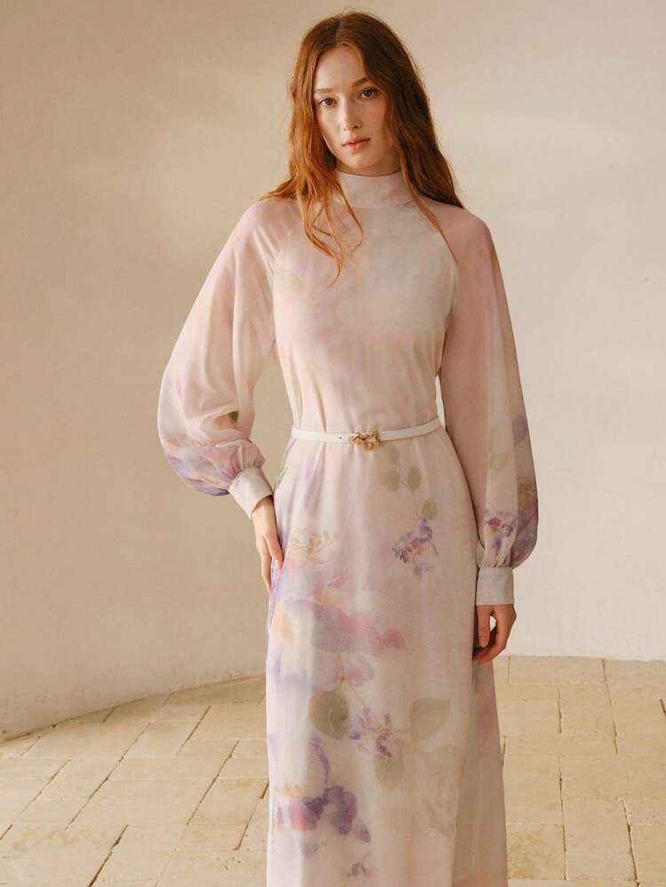 WOMEN'S CORAL PINK PLACEMENT PRINT MOCK NECK LONG SLEEVE DRESS