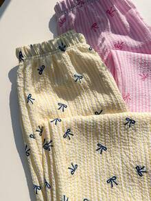 少女休闲蝴蝶结刺绣松紧腰条纹裤，简约基础款家居裤，适合春夏日常穿着 - 彩色 - 查看 6