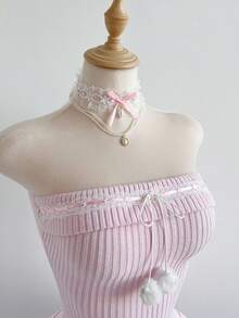 Elamini 针织荷叶边下摆毛球装饰短款腰部层叠荷叶边迷你连衣裙，女性化、优雅、复古，适合约会、日常穿着，春夏皆宜。 - 粉色 - 查看 5