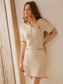 MOTF PREMIUM FASHIONABLE HOLLOW-OUT KNIT SHORT SLEEVE SWEATER DRESS - Apricot - View 6