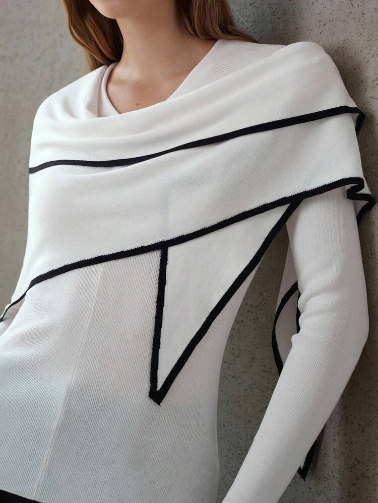 2PCS WOMEN V-NECK SLIM FITTED SWEATER AND CONTRAST TRIM SHAWL SET