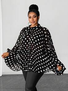 Maweii 大码女式波点立领时尚百搭日常通勤灯笼袖衬衫 - 黑與白 - 查看 6