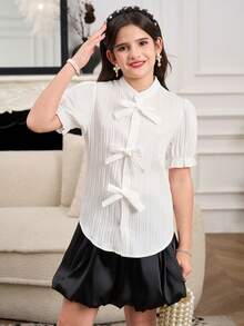 1pc Girls Elegant Polyester Blouse, Simple And Generous, Suitable For School, Commuting And Other Scenarios In Spring And Autumn - White - View 7