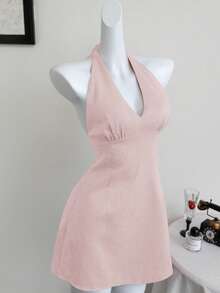 Elamini Deep V-Neck Halter Tie Knot Backless A-Line Dress, Elegant & Sexy, Spring/Summer - Baby Pink - View 3