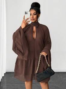 Maweii Plus Size Women Ruffle Chiffon Sexy Bow Tie Dress - Brown - View 4