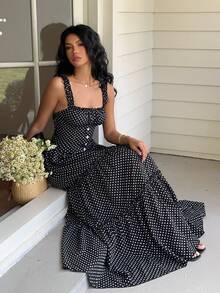 Sunnyshic 女士黑色波点收腰A字连衣裙，休闲百搭，适合外出、约会、海滩度假、春秋季穿着。 - 黑色 - 查看 7