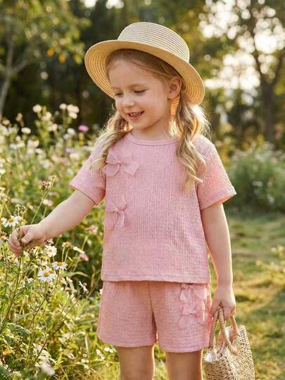 2pcs/Set Young Girls Solid Color 3D Bow Decor Round Neck Short Sleeve T-Shirt And Elastic Waist Casual Shorts, Suitable For Daily Casual And Holiday, Summer