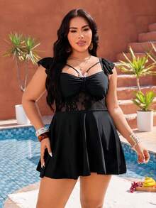 Swim Lushoire Bộ bikini 2 mảnh dành cho nữ cỡ lớn, đính ngọc trai, phần eo ren phía trước, gồm áo và quần tam giác màu trơn. - màu đen - Xem 3