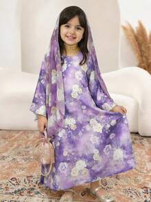 SHEIN 少女V领碎花休闲连衣裙配围巾 - 紫色 - 查看 3