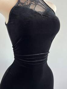 Elamini Đầm ngắn ôm sát cổ yếm phối ren đen, kiểu dáng cổ điển thanh lịch, dễ thương, phù hợp cho tiệc tùng, đi làm, buổi tối và mặc hàng ngày. - màu đen - Xem 5