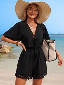 Swim Lushoire Bộ áo liền quần nữ mùa hè tay cánh dơi cổ chữ V thắt nơ tua rua phối ren tròn. - màu đen - Xem 3