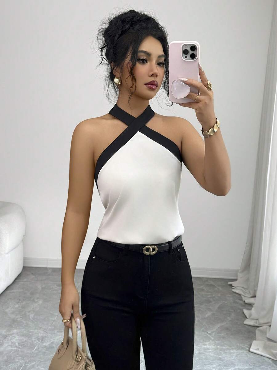 Selianne Black & White Contrast Elegant Halter Neck Top, Suitable For Vacation & Party - Multicolor - View 1