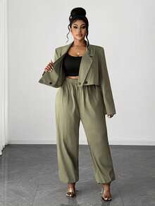 Maweii Ensemble décontracté de grande taille pour femmes, composé d'un Top à col cranté et manches longues, et d'un pantalon fuselé. Convient pour le travail et les déplacements. - Militaire verte - Voir 6