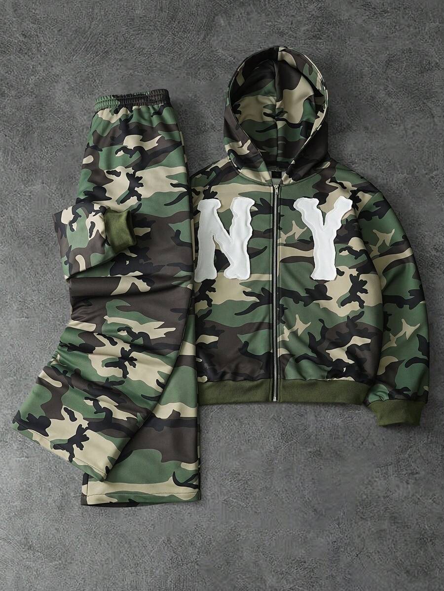 PAVTROS Conjunto de chaqueta con capucha con cremallera y estampado de letras de camuflaje y pantalones largos con cordón en la cintura, estilo casual y urbano para hombre, primavera/otoño - Verde militar - Ver 1