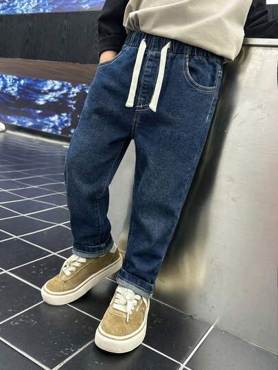 SHEIN Explorewe Ung pojke elastisk midja dragsko all-match enkla mångsidiga bekväma stretchiga slim fit ljusgrå casual jeans