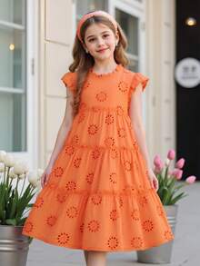 SHEIN 1 件女童穿孔纹理立领喇叭下摆度假连衣裙，春夏 - 橘色 - 查看 6
