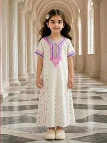 SHEIN 少女睡衣 - 刺绣睡裙，奶油色、粉色、紫色，短袖V领，夏季睡衣，假日必备，轻盈宽松家居服，派对礼物，少女休闲度假日常 - 杏色 - 查看 12