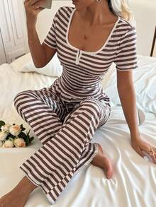Dream Adore Conjunto de pijama de punto a rayas sencillo para mujer - Top de manga corta y pantalón largo - Marrón - Ver 6