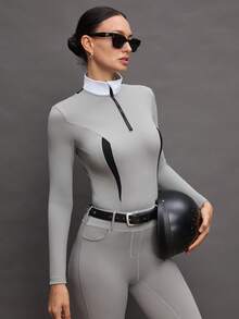 Activina Women's Stand Collar Zipper Half Placket Casual Versatile Daily Outdoor Equestrian Long Sleeve Top - Grey - View 7