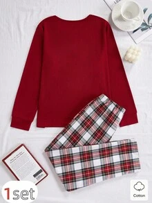 8Y-12Y Boys' Sleepwear Set, Red Solid Top & Plaid Pants, Comfortable Fabric - Red - View 2