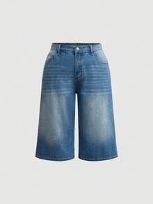 Maija Plus-Size Denim Bermuda Shorts, High-Waisted Wide-Leg Pants With Comfortable Elastic Waistband - Medium Wash - View 7
