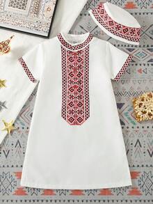SHEIN Baby Boys' Middle Eastern Print Robe Top,White With Black Polka Dots,Summer,Modest,Wedding Guest Short Sleeve Stand Collar Contrast Color Split Hem - White - View 2