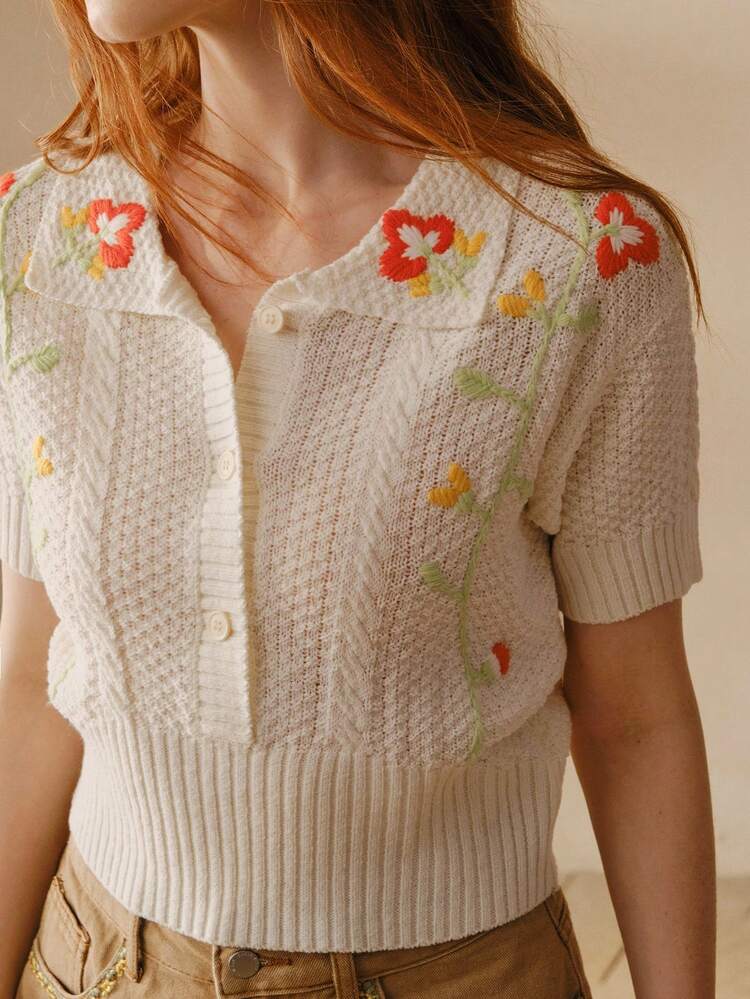 TOP CORTO DE PUNTO CON BORDADO FLORAL VINTAGE PARA MUJER, PRIMAVERA/VERANO