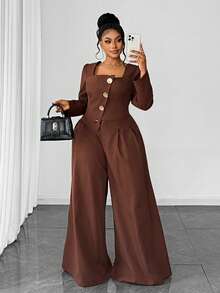 Maweii 复古休闲方领修身加大码两件套 - 棕色 - 查看 1