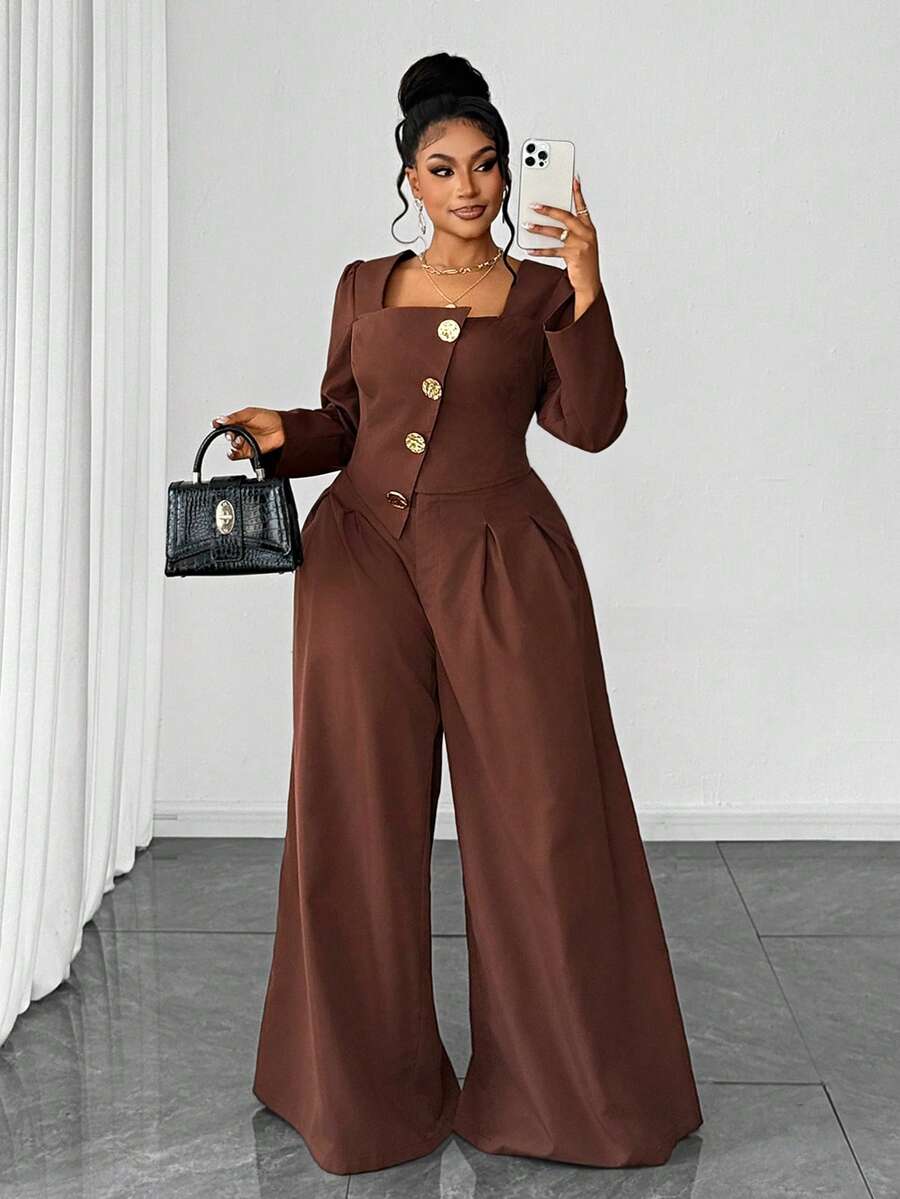 Maweii 复古休闲方领修身加大码两件套 - 棕色 - 查看 1