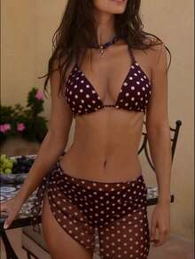 Swim Vcay 女士波点印花露背系带性感比基尼三件套，沙滩度假波点比基尼泳装套装，波点比基尼，波点泳衣，波点半身裙 - 彩色 - 查看 1