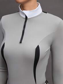 Activina Women's Stand Collar Zipper Half Placket Casual Versatile Daily Outdoor Equestrian Long Sleeve Top - Grey - View 6