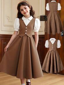 女童彩色拼接背心，荷叶边领口，优雅连体连衣裙，适合生日派对、日常穿着、春夏穿着 - 棕色 - 查看 1