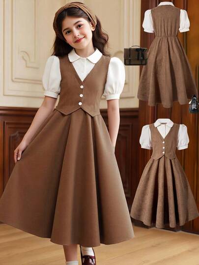 女童彩色拼接背心，荷叶边领口，优雅连体连衣裙，适合生日派对、日常穿着、春夏穿着