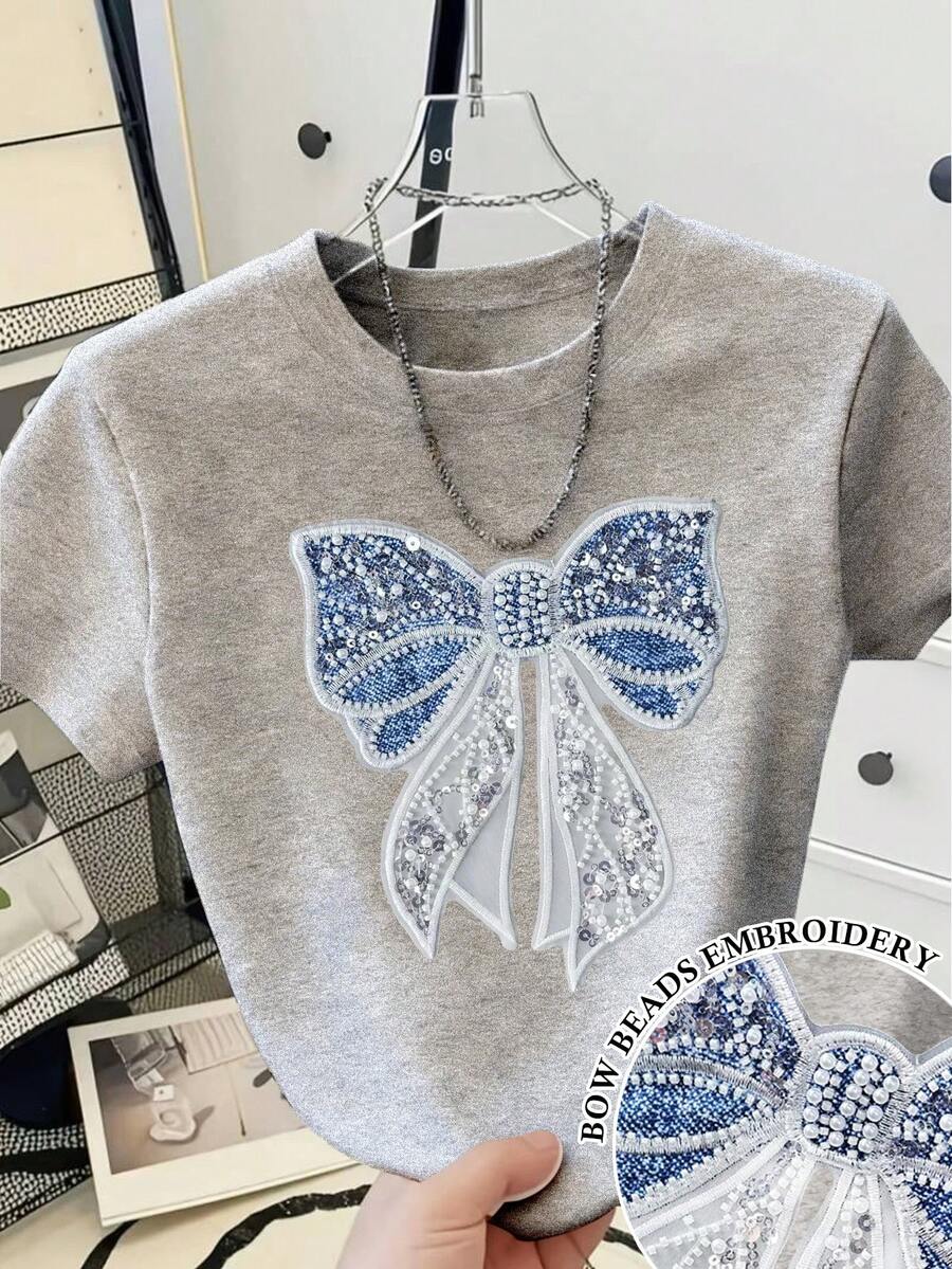 Resyla 女士休闲蝴蝶结仿珍珠装饰常规肩部T恤，夏季 - 灰色 - 查看 1