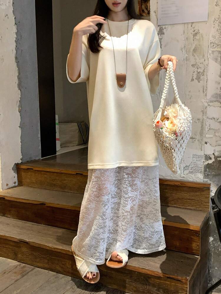 Women's Lace Patchwork Dress With Solid Color Round Neck Long Sleeve Top, Fashion Outfit For Date And Outing