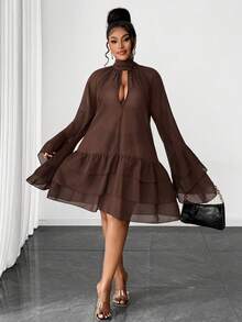 Maweii Plus Size Women Ruffle Chiffon Sexy Bow Tie Dress - Brown - View 3