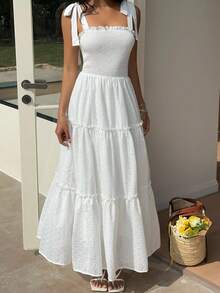 Sunnyshic Women's White Spaghetti Strap Lace-Up Maxi Embroidered A-Line Dress, Romantic Elegant Fashion Vacation Beach Dress For Outings, Dates, Birthdays, Weddings, Spring/Summer - White - View 4