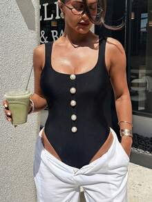 Swim SXY Traje de baño de una pieza de unicolor con tela brillante, cuello cuadrado, tirantes gruesos y botón de perla para uso casual en la playa, para mujeres, primavera/verano - Negro - Ver 5