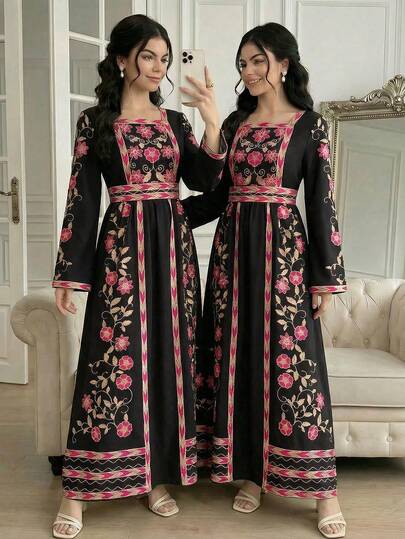 1pc Loose Flare Sleeve & Square Neck Floral Print Dress For Teenage Girls, Spring/Summer, Detachable Belt, Flared Skirt, Casual Loose Elegant Maxi Dress For Daily & Party Wear Long Modest Dresses For Girls And Ladies Matching Girl Women Outfits Abaya Sets Girls