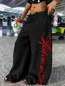 Rovax Women's Casual Letter Print Loose Fit Wide Leg Sweatpants - Black - View 1