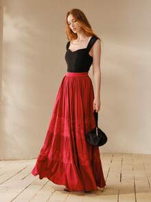 MOTF PREMIUM WOMEN'S CONTRAST LACE RUFFLE HEM SKIRT - Burgundy - View 5