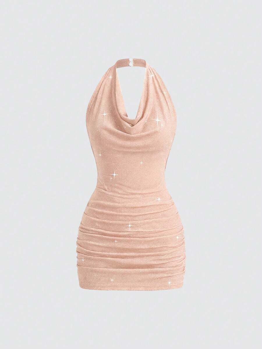 SHEIN PETITE Women's Short Turtleneck Backless Sequin Bodycon Party Mini Dress ,Petite Women - Dusty Pink - View 1