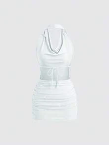 SHEIN PETITE Women's Short Turtleneck Backless Sequin Bodycon Party Mini Dress - Silver - View 2