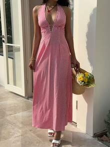 Sunnyshic Red Plaid Deep V Neck Backless Tie Waist A-Line Maxi Dress, Elegant For Women, Spring/Summer , Vacation, Wedding, Party, Minimalist, Casual, Date - Red - View 3