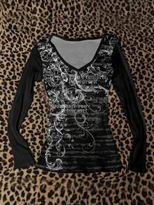 Attitoon Áo thun nữ tay dài cổ chữ V, kiểu dáng tối giản, đa năng, ôm sát, phù hợp mặc ở sân bay, họa tiết retro. - trắng - Xem 6