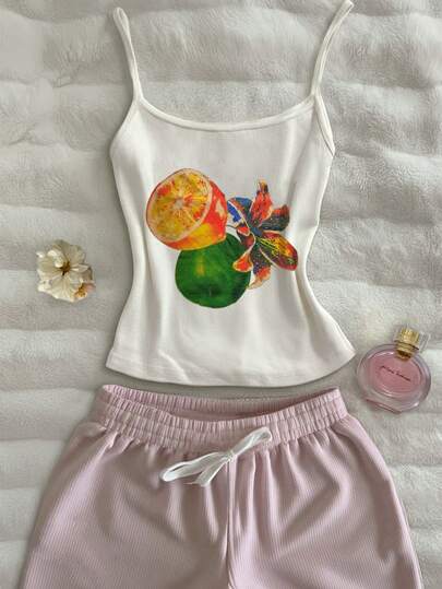 Glimmora Lemon & Floral Print Casual Camisole Top, Summer